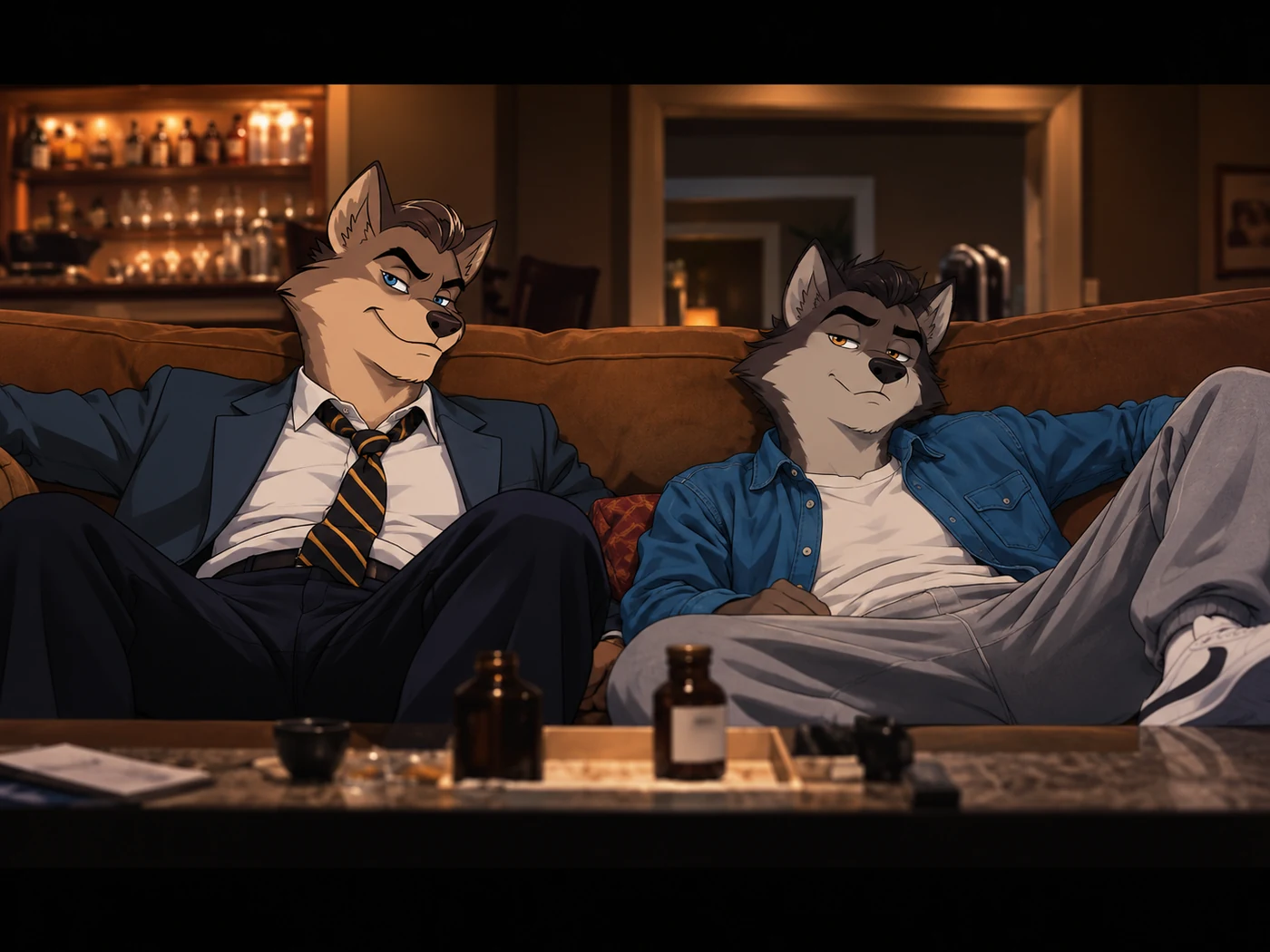 Two wolves relaxing on a couch