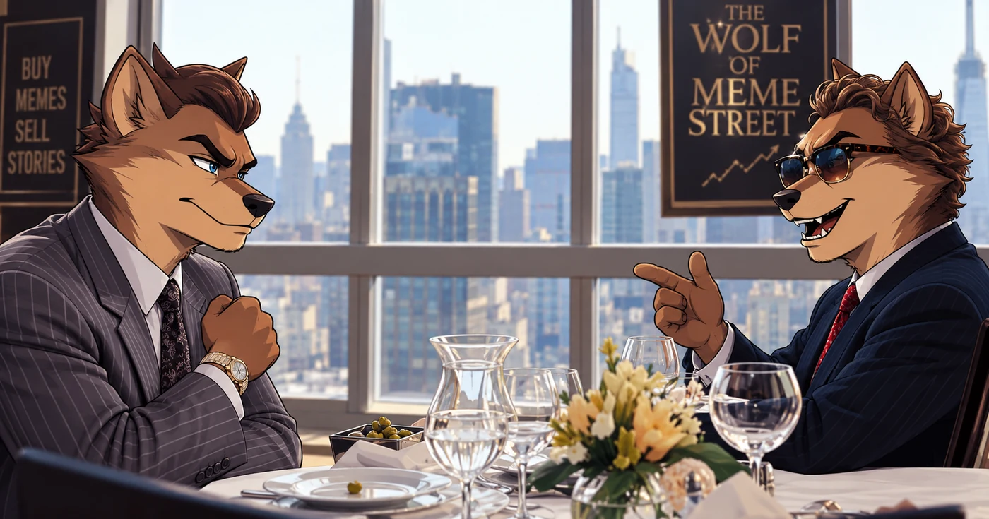 Two wolves having lunch in an office
