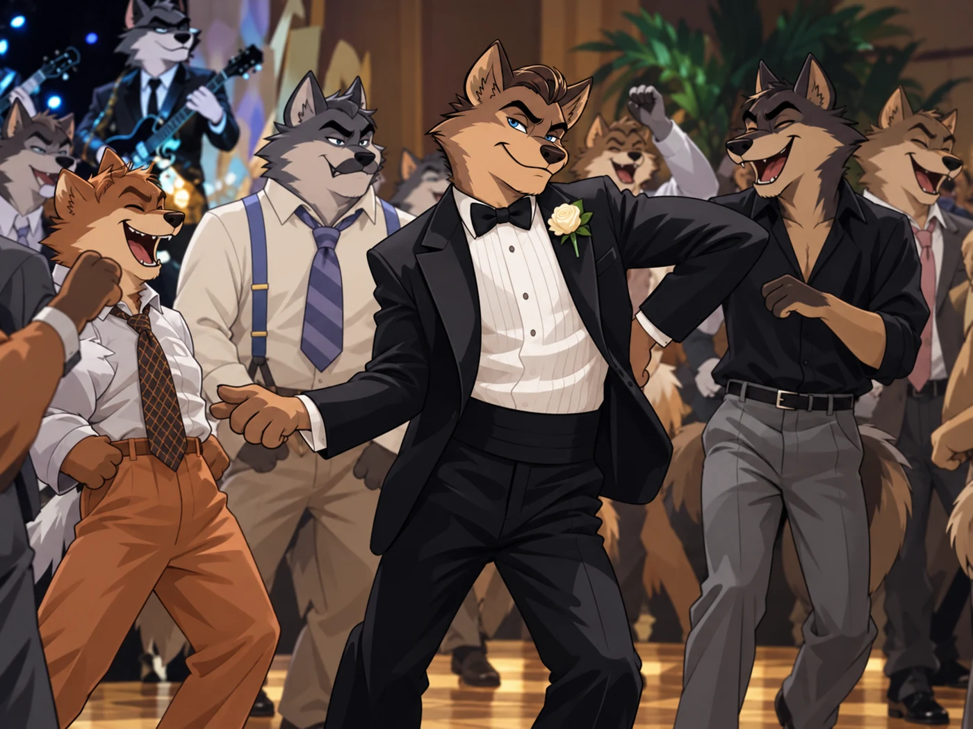 Wolves partying on a dance floor