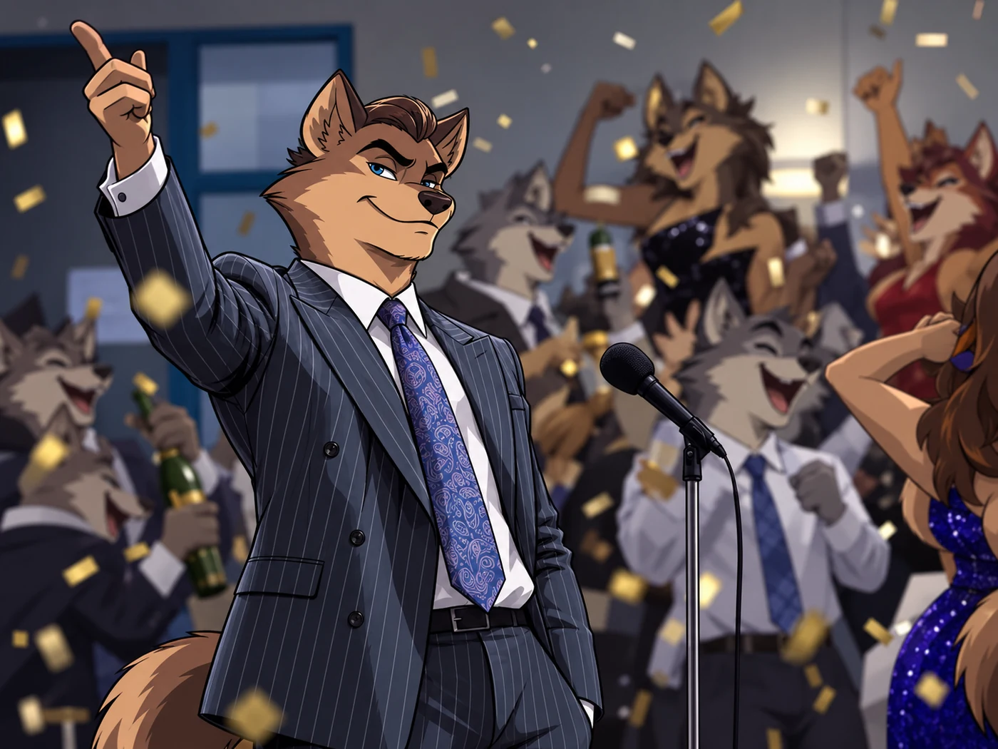 Wolf celebrating at a microphone