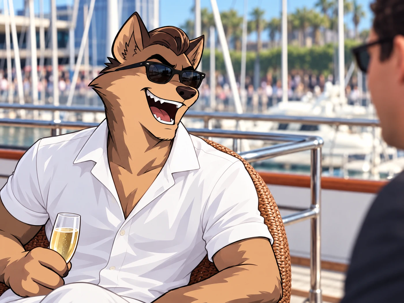 Wolf laughing on a yacht