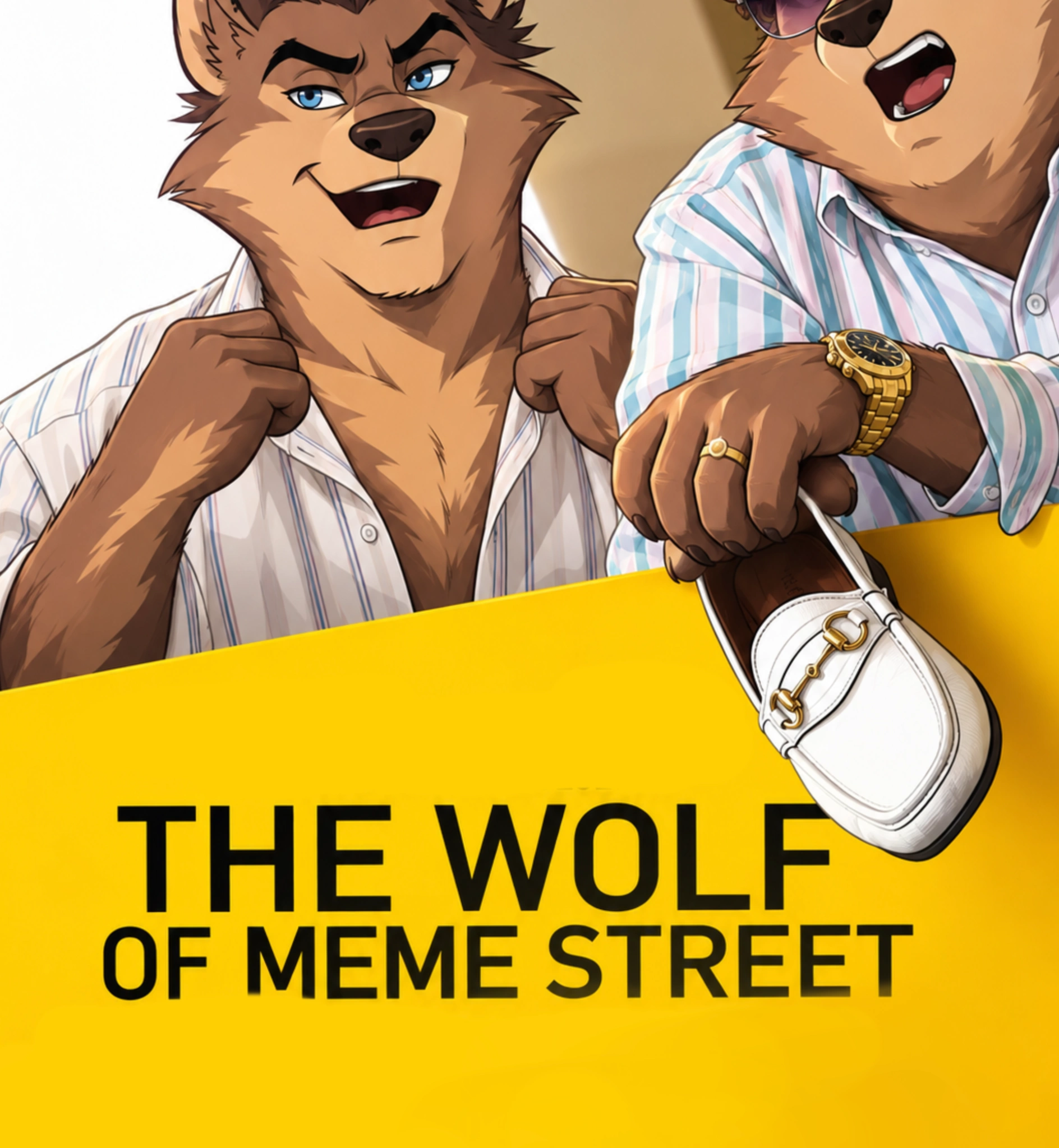 The Wolf of Meme Street yellow hero artwork with wolf characters