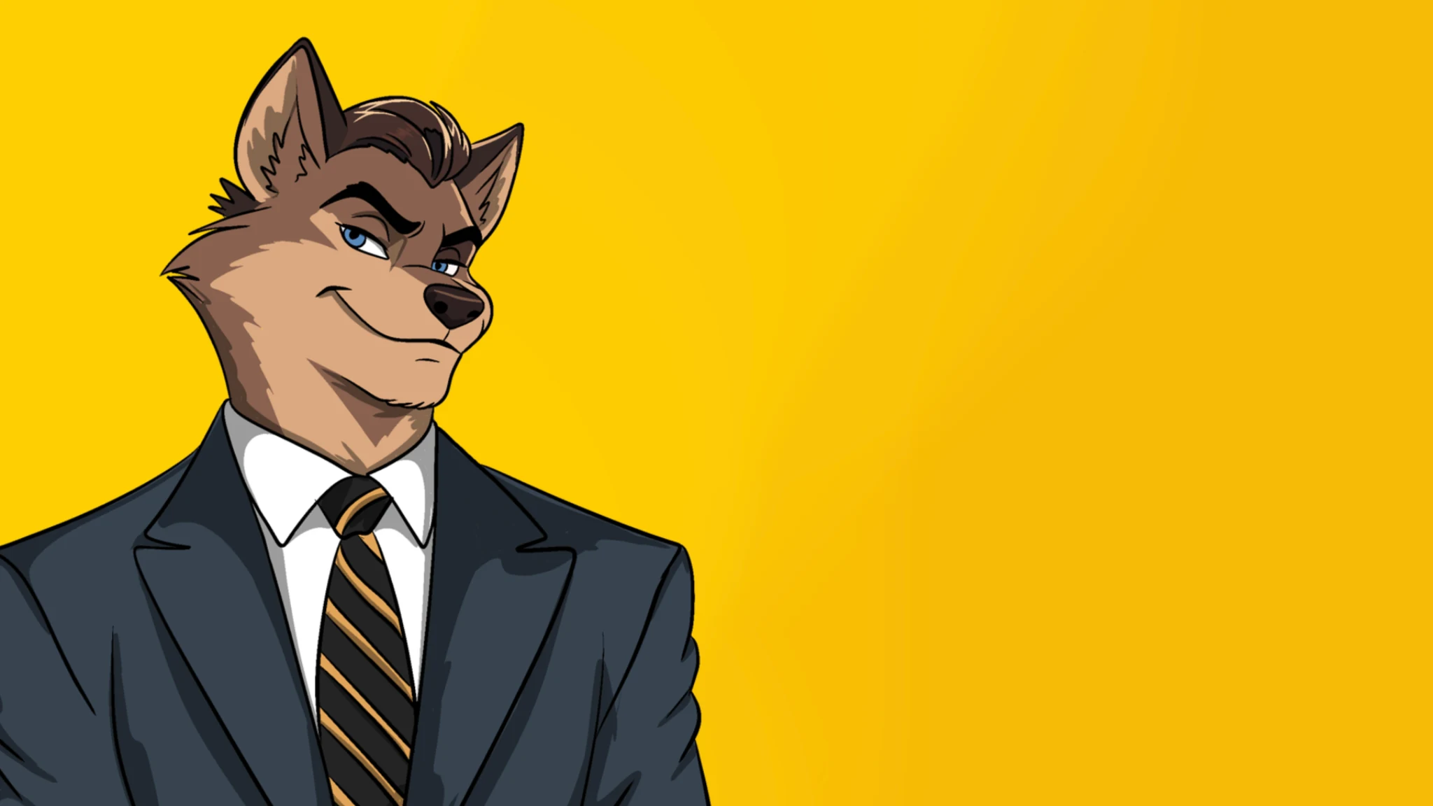 The Wolf of Meme Street character in a suit on a yellow background